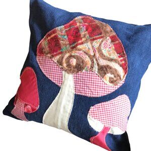 Mushroom Pillow Cover Handmade 18 x18 Whimsical Fungi Cottagecore Recycled Denim